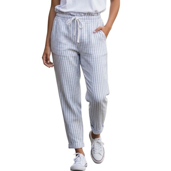 AMERICAN EAGLE | Womens Blue Striped Linen Blend Drawstring Pull On Pants size L - Picture 1 of 15